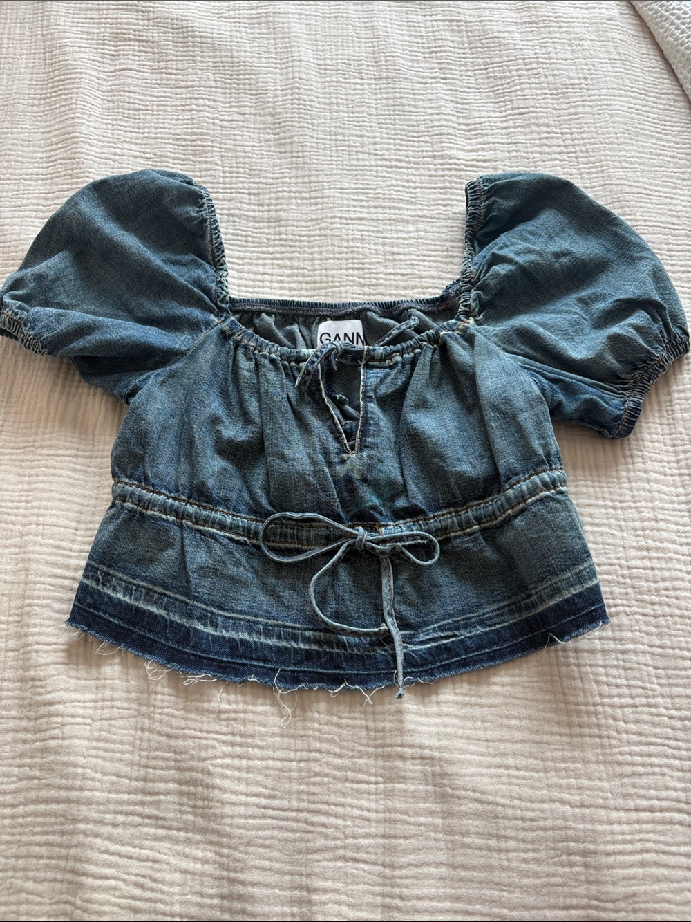 Ganni Blue Denim Puff-Sleeve Tie-Waist Top
